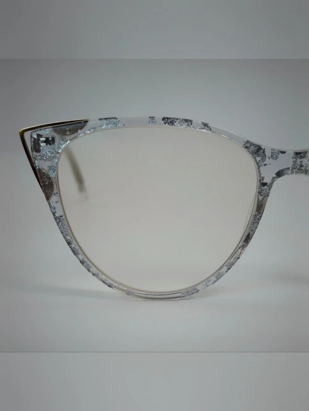 Celebrate. Clear Silver-Accent Cat Eye Womens Glasses. Rose Gold Corners.